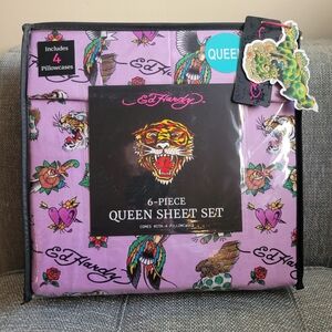 Ed Hardy Vibrant Purple Queen Sheet Set Edgy Bold Tiger Dragon Tattoo Logo